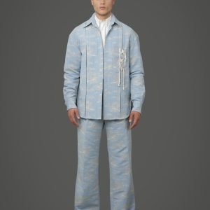 lace up pocket shirt in sky blue with off-white