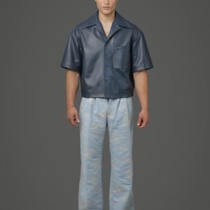 indigo blue napa leather over sized short sleeve crop shirt