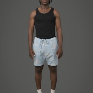 Sky Blue Short Background With Off-White Woven French Country Side Seam And Drawstring Waist