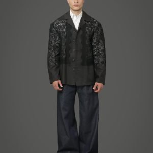 black lace oversized shirt with cotton front panel and back yoke panel