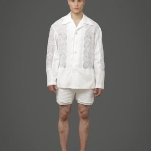 white lace oversized shirt with cotton front panel and back yoke panel