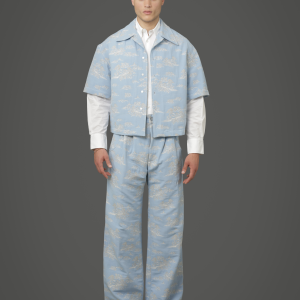 sky blue oversized short sleeve crop shirt with off-white woven french country side seam